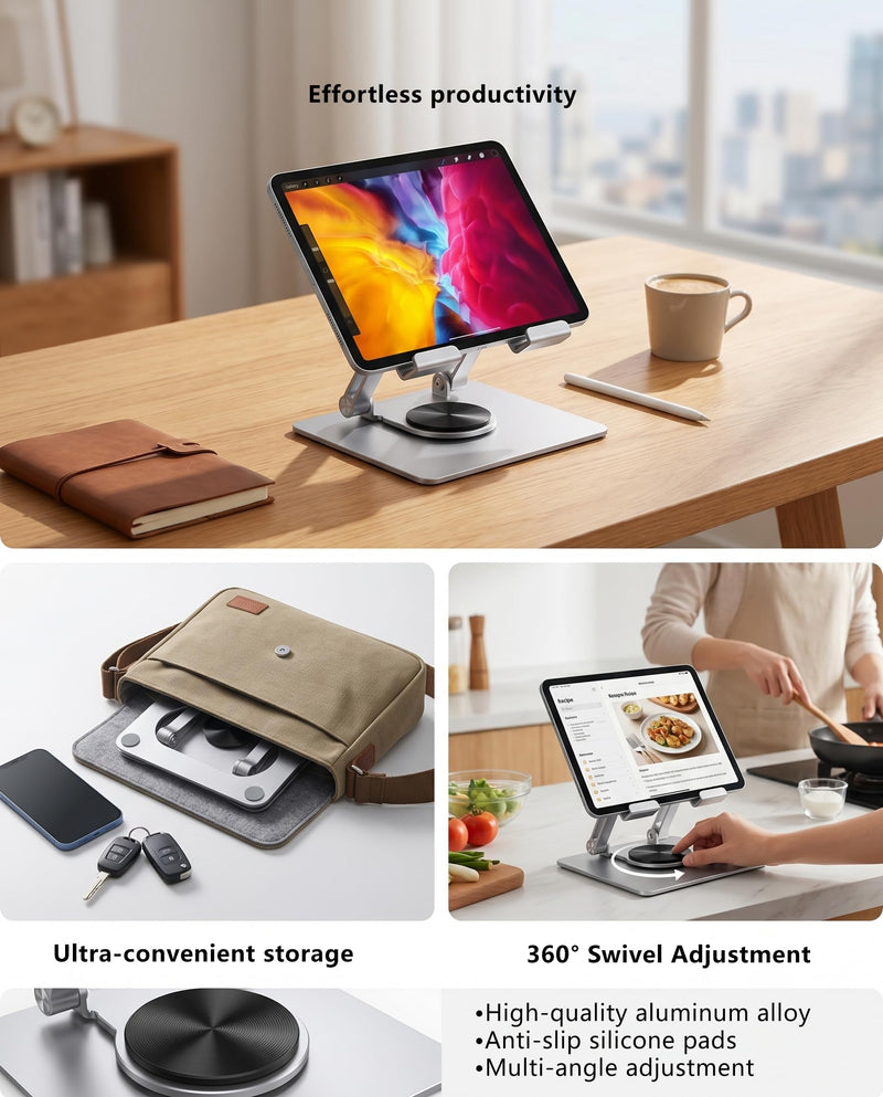 Rotating Foldable Tablet and Phone Stand Holder, Silver, Desktop Use | 360 Degree Rotation, Foldable, Stepless Angle/Height Adjustment, Heat Dissipation, Compatible with Devices from Approx. 4.7