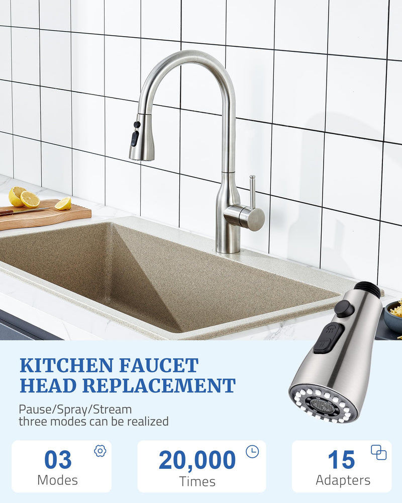 Metal Kitchen Faucet Head Replacement - Pull Down Sprayer Head for Kitchen Faucet, 3-Function Spray Nozzle with 15 Adapters, Sink Faucet Head Replacement Stainless Steel, Brushed Nickel