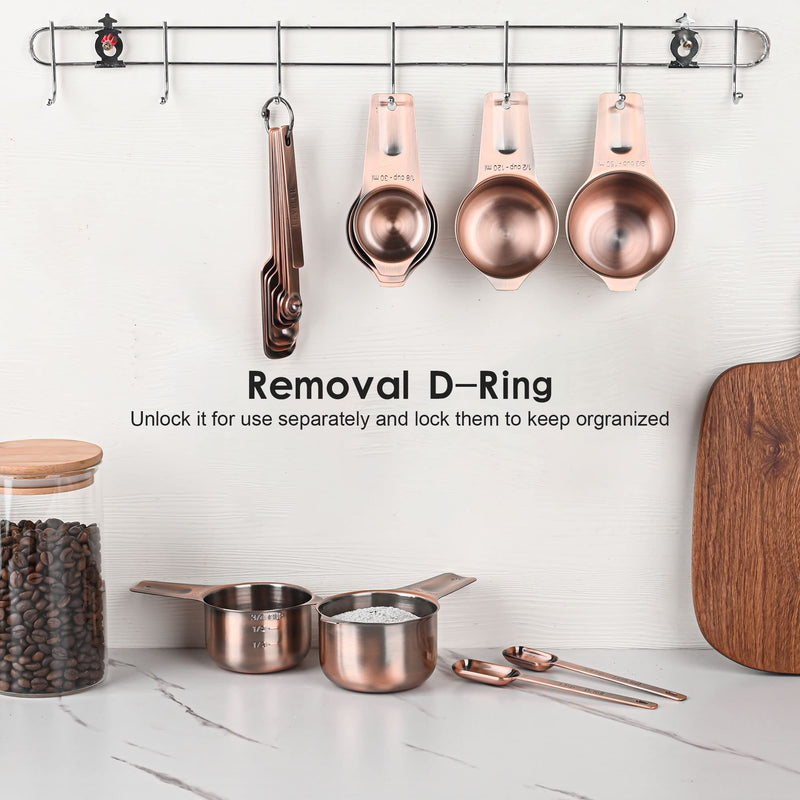 Copper Measuring Cups and Spoons Set 14, Stainless Steel Measuring Cups and Spoons set for Kitchen & Baking, 7 US & Metric Measure Cups & 6 Long Handle Spice Measuring spoons & 1 leveler Copper
