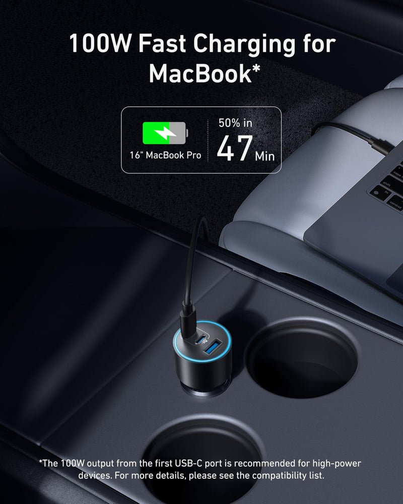 Anker 167.5W Max 3-Port Ultra-Compact USB C Fast Charging Car Charger | Fast Charging Adapter for MacBook Pro / Air, iPhone 17 / 16 / 15 Series, Samsung S25, iPad Pro, AirPods, and More
