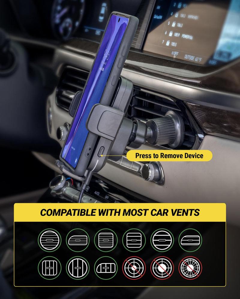 Scosche Wireless Car Charger Mount, Auto-Clamping Car Phone Holder Charger for Dashboard/Windshield/Vent with Adjustable Arm, 360° Rotation, Compatible with iPhone, Samsung, and More Android Phones Window / Dash / Vent