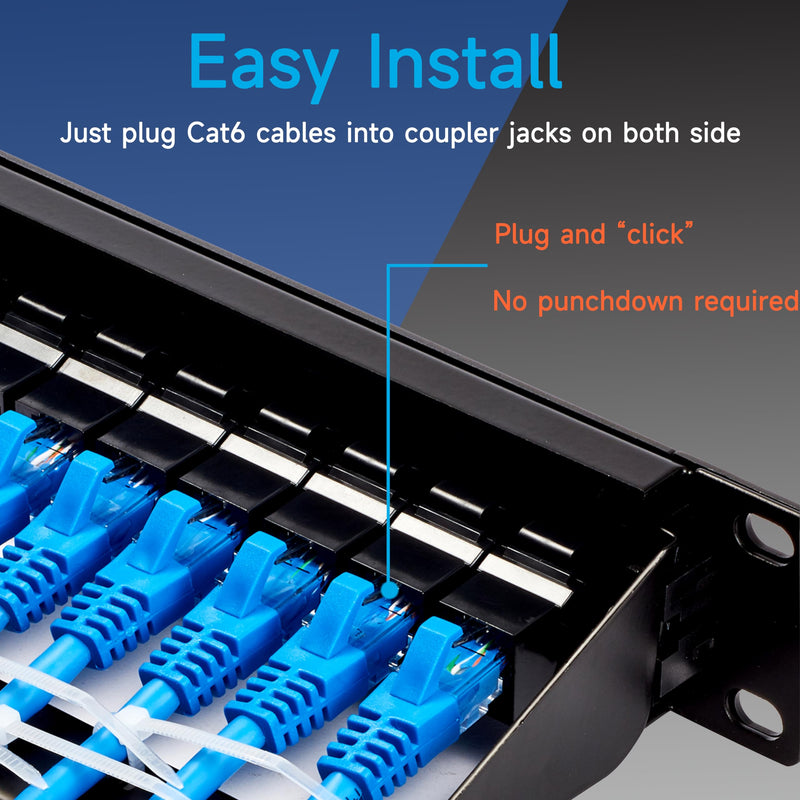 24 Port RJ45 Patch Panel Cat6 Feed Through, Coupler Network Panel 19 Inch, Inline Keystone Ethernet Patch Panel with Back Bar Black 24port