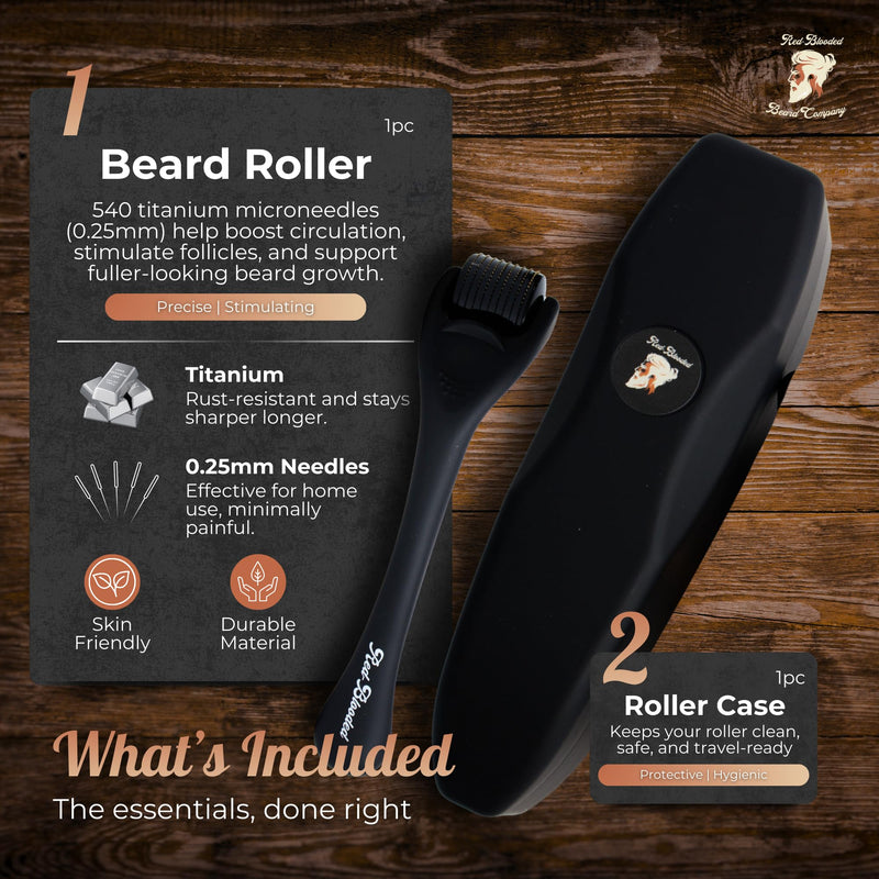 Red-Blooded Beard Roller, Derma Roller, Microneedling Roller, Beard Growth | Also called a dermaroller, this 0.5mm microneedle roller for hair growth supports thicker, fuller beard regrowth for men.