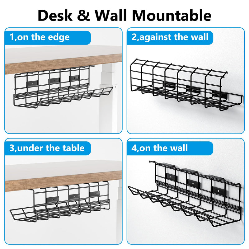DELAMU 1 Pack Under Desk Cable Management Tray, Black | Metal Wire Organizer for Desk, Easy Install Pre-drilled, Holds 15lb, Wire Management Wire Organizer, For Office & Home