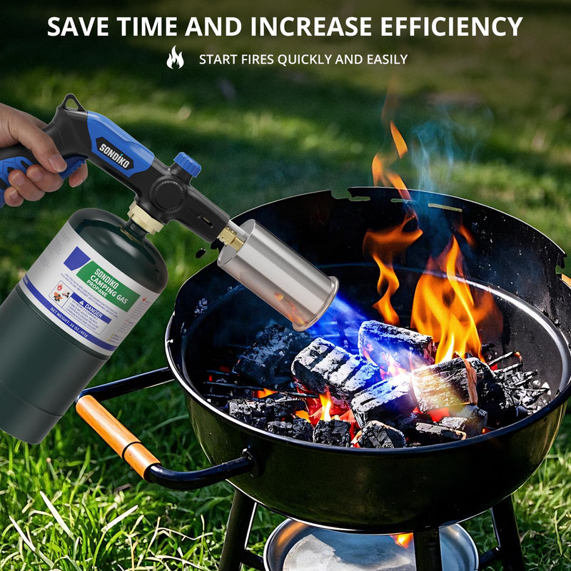 Sondiko Powerful Grill & Cooking Propane Torch L8010, Sous Vide, Campfire Starter, Adjustable Wood Torch Burner for Searing Steak, BBQ, Welding(Blue & Black) Propane Tank Not Included