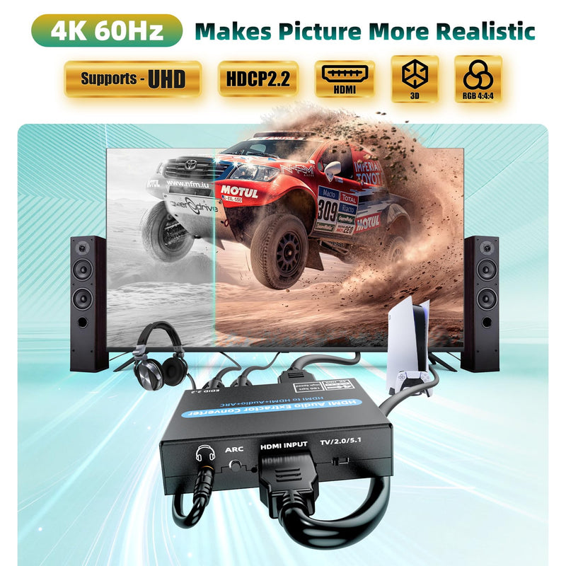 HDMI Audio Extractor Converter, 4K@60Hz Audio Adapter with Optical SPDIF + 3.5mm Stereo + Analog RCA L/R Audio Adapter, HDMI ARC Converter Supports 5.1 HDCP 2.2 HDR 18Gbps, for PS5 Xbox HDTV