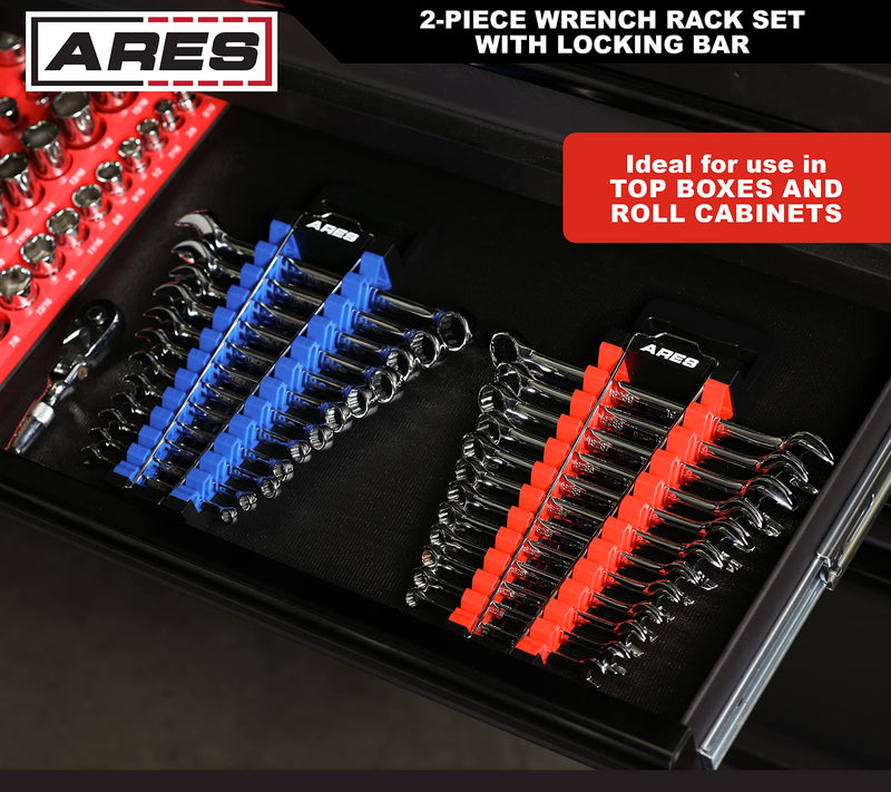 ARES 62043 – 2-Piece Wrench Rack Set with Locking Bar - SAE Rack Holds 1/4-Inch to 1-Inch Sizes - Metric Holds 6 to 25mm Sizes – Locking Metal Clip Secures Wrenches 2-Piece Magnetic Wrench Rack with Locking Bar Red & Blue