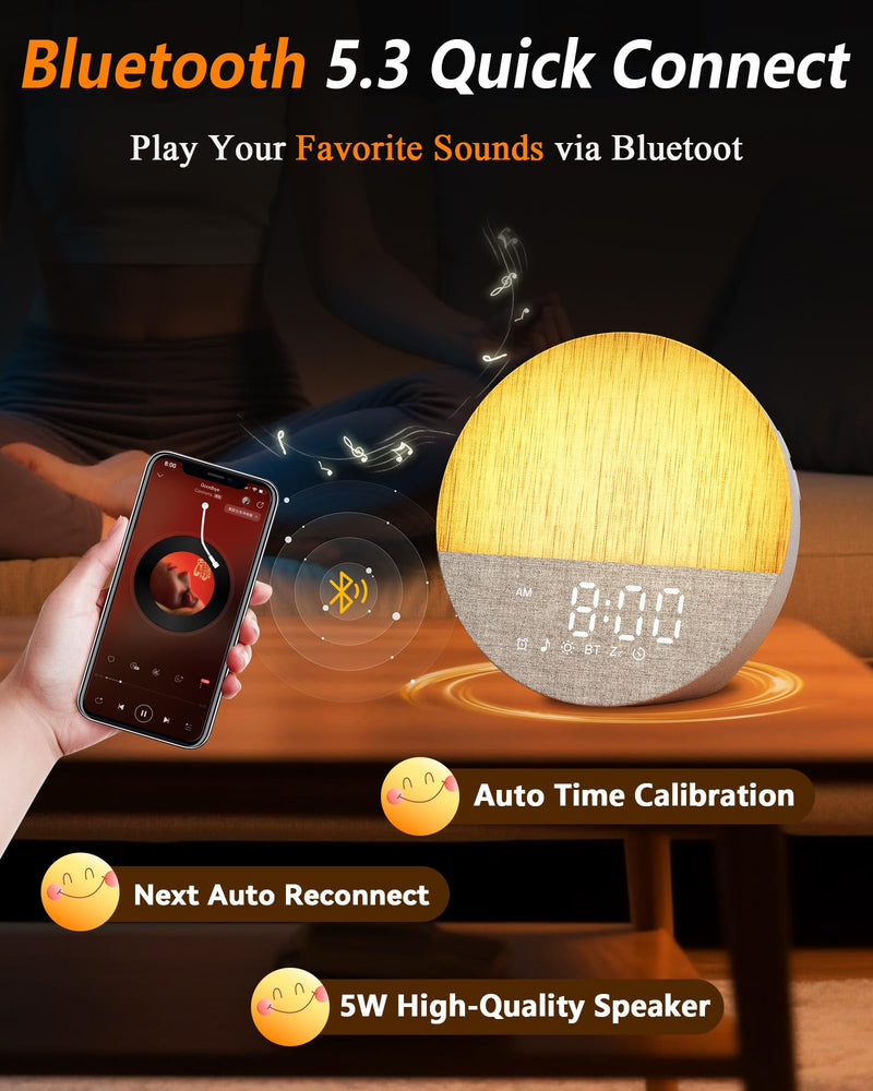 Sunrise Alarm Clock with Sound Machine: Gentle Gradual Wake Up Light for Heavy Sleepers Relieve Anxiety Dimmable Clock with Bluetooth Memory for Bedroom - White Noise Machine with 30 Sleep Sounds 6.5*4.6*6.2 Inch