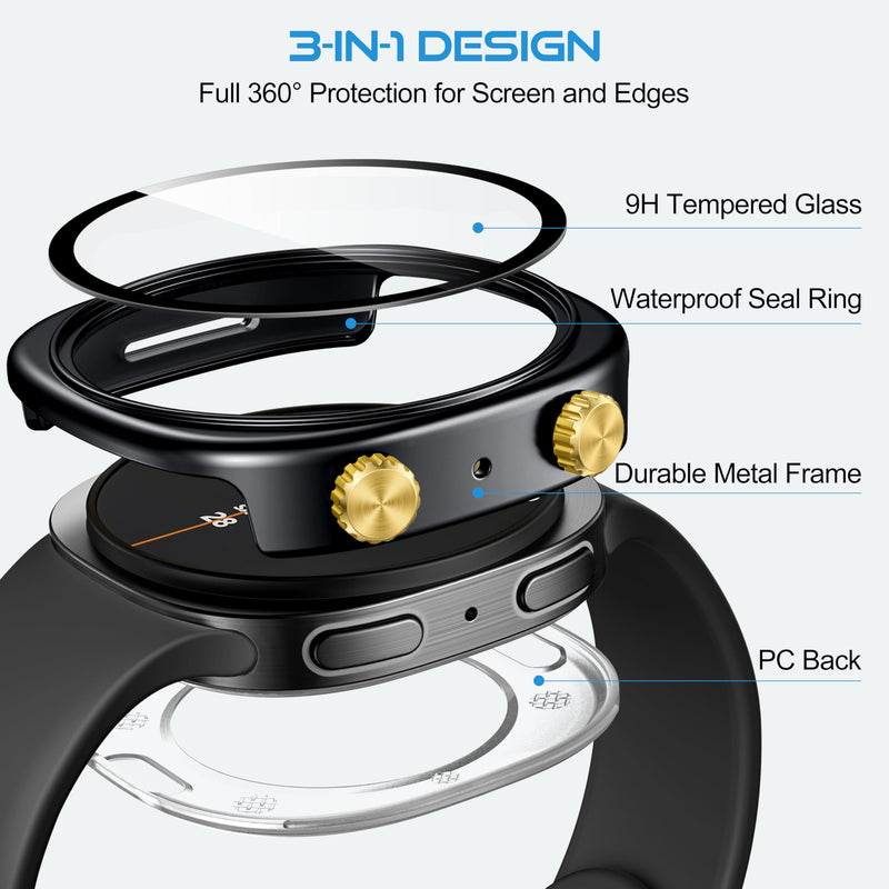 Adorve Metal Screen Protector Case for Samsung Galaxy Watch 9 8, 44mm, Gray | 2 in 1 Shockproof Protective Case with 9H Tempered Glass Film and PC Back Cover, Perfect Fit, Lightweight Galaxy Watch 9 8 (44mm)