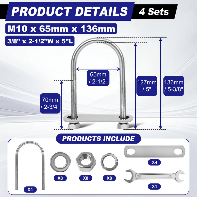 4 Sets M10 U Bolts 2-1/2 Inch Wide, 3/8" x 2-1/2"W x 5" L 304 Stainless Steel U Bolt Heavy Duty for Boat Trailer with Nuts, Bolt Plate and Washers (4, M10 x 65mm x 136mm) 4