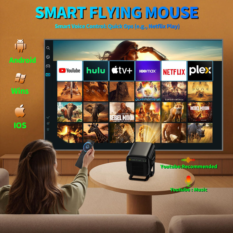 [Built-in App] Mini Projector 1080P FHD 4K Support Projector with Mouse Portable Projector with WiFi and Bluetooth 180° Adjustable Auto Keystone Portable Projector 4K Black
