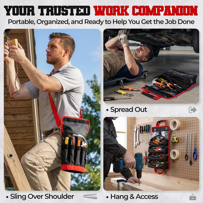 Roll Up Tool Bag, Heavy Duty See-Through Tool Roll Organizer with 2 Detachable Pouches, Portable Mechanic & Motorcycle Tool Bag, Birthday & Father’s Day Gift, Red