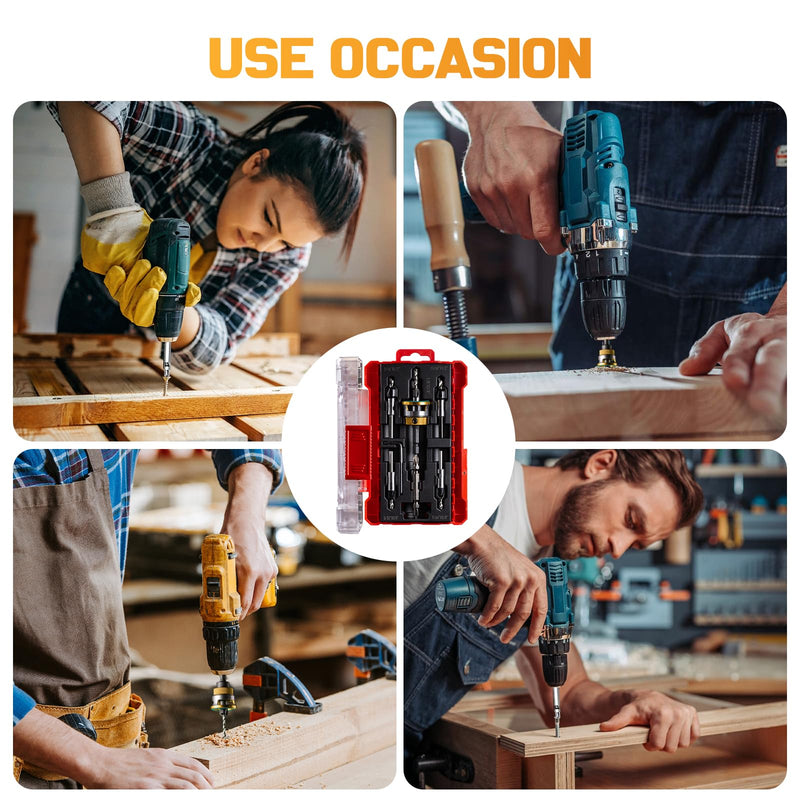 Countersink Drill Bit Set - 5 Pcs Countersink Drill Bit with Aluminum Alloy Depth Stop Collar, HSS M2 Bearing Stopper Anti-Scratch, 82° Counterbores 1/4” Hex Shank for Woodworking Tools & Hand Tools Yellow-5Pcs