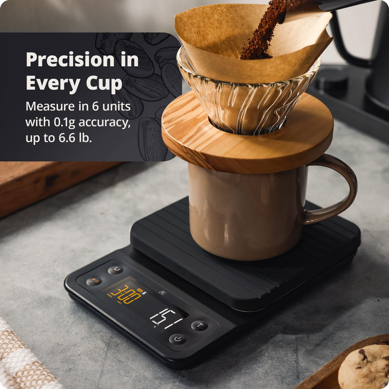 Greater Goods 0.1g Precision Coffee Scale with Timer – 3kg Digital Scale for Pour-Over, Espresso, French Press, Kitchen Use (Onyx Black) Onyx Black