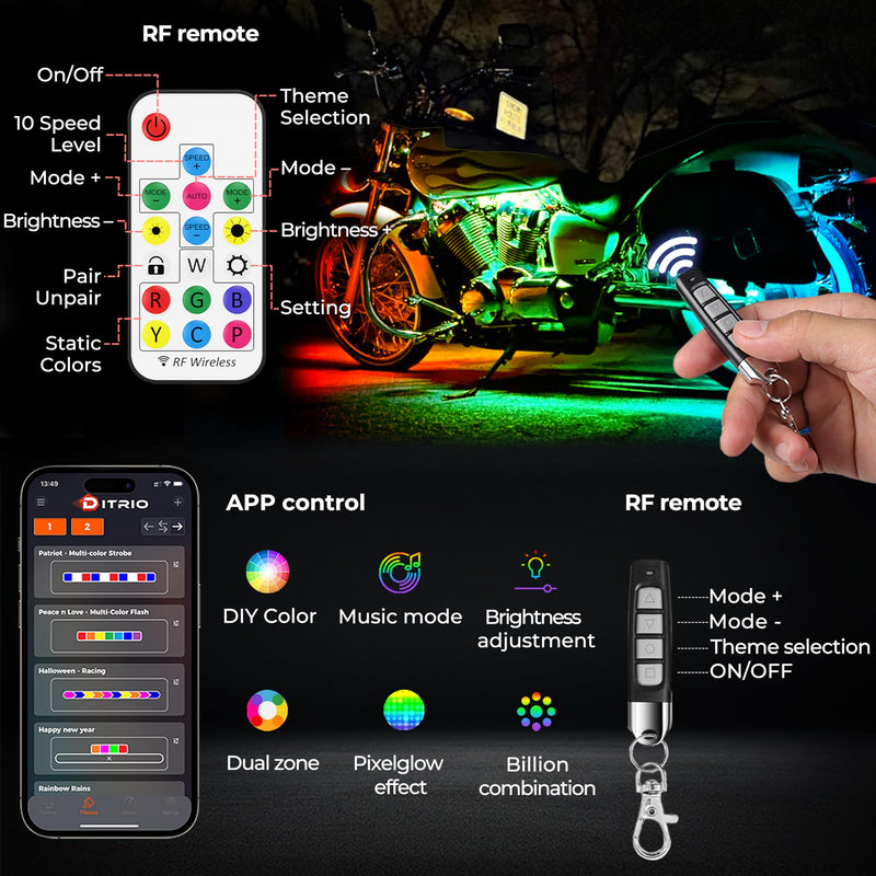8Pcs Motorcycle Led Underglow Kit with Brake Turn Signal, Motorcycle RGB Lights with DITRIO APP/RF Remote Control, Dual Zone,12V Waterproof Pixelglow Effects for Motorcycles, Golf Carts, ATVs, UTVs 8PCS-(New 3 Control Mode)