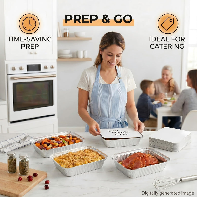 50 Pack Aluminum Pans with Cardboard Lids, 8.3"x6.2", 2.25 LB | Heavy duty disposable foil containers, trays for baking, meal prep, roasting, food storage 50 Pack Pans with Paper Lids