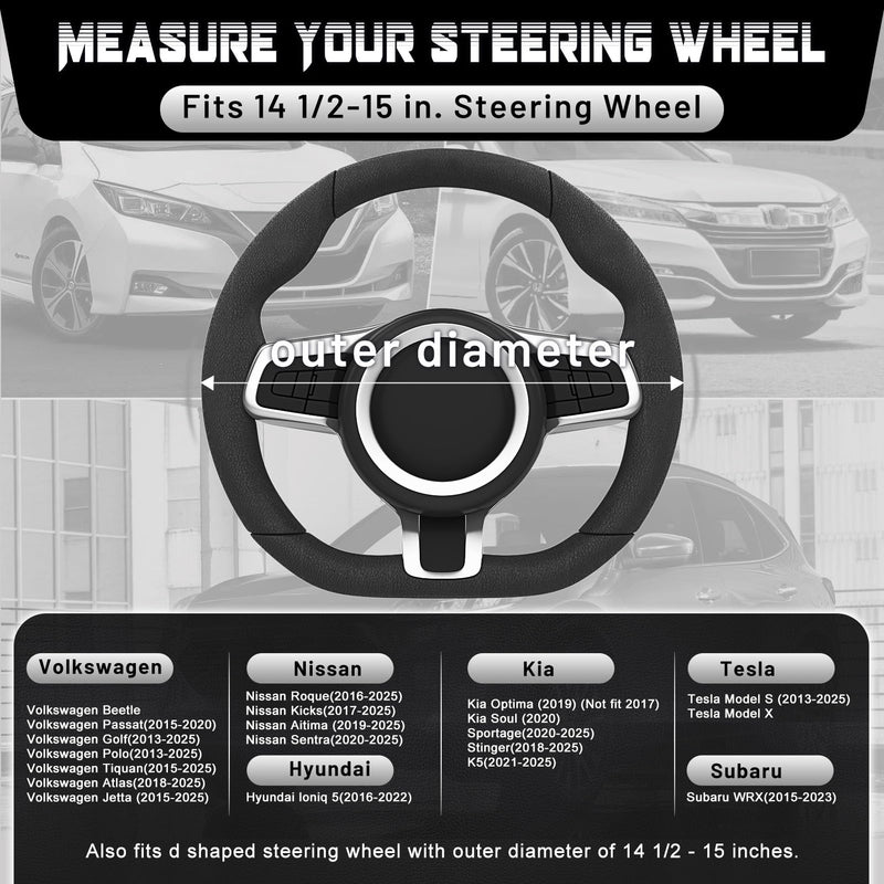 SEG Direct Flat Bottom Steering Wheel Cover Carbon Fiber, D Shaped Car Wheel Cover 14 1/2-15 in. (37-39 cm), Black Microfiber Leather with Carbon Fiber Pattern 2. Black with Carbon Fiber Standard size[14 1/2''-15'']