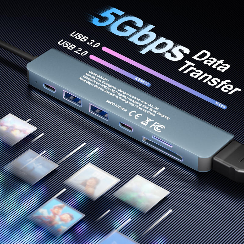 USB C Hub for MacBook Dell HP ASUS, 7-in-1 USB-C Adapter with 4K HDMI Output/87W PD Fast Charging/5Gbps USB3.0/USB2.0/SD TF Card Reader-Compact USB-C Dongle for Business Trip Office Home