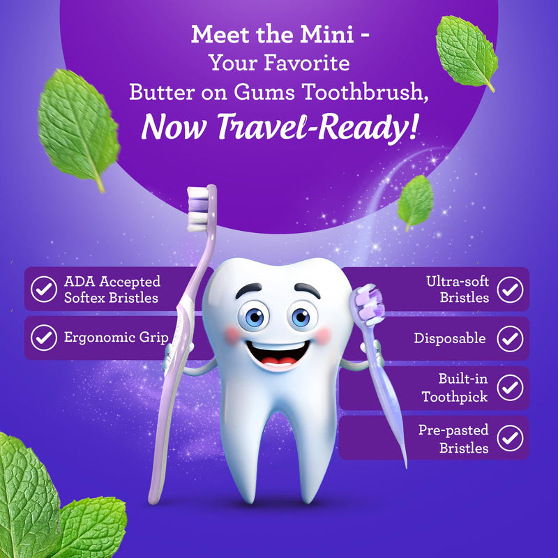 GuruNanda Mini Disposable Toothbrushes with Toothpaste & Toothpick, Prepasted Ready-to-Go Travel Toothbrush with Butter on Gums Bristles - Fluoride Free, No Rinsing, Individually Wrapped, 70 Ct 70 Count (Pack of 1)