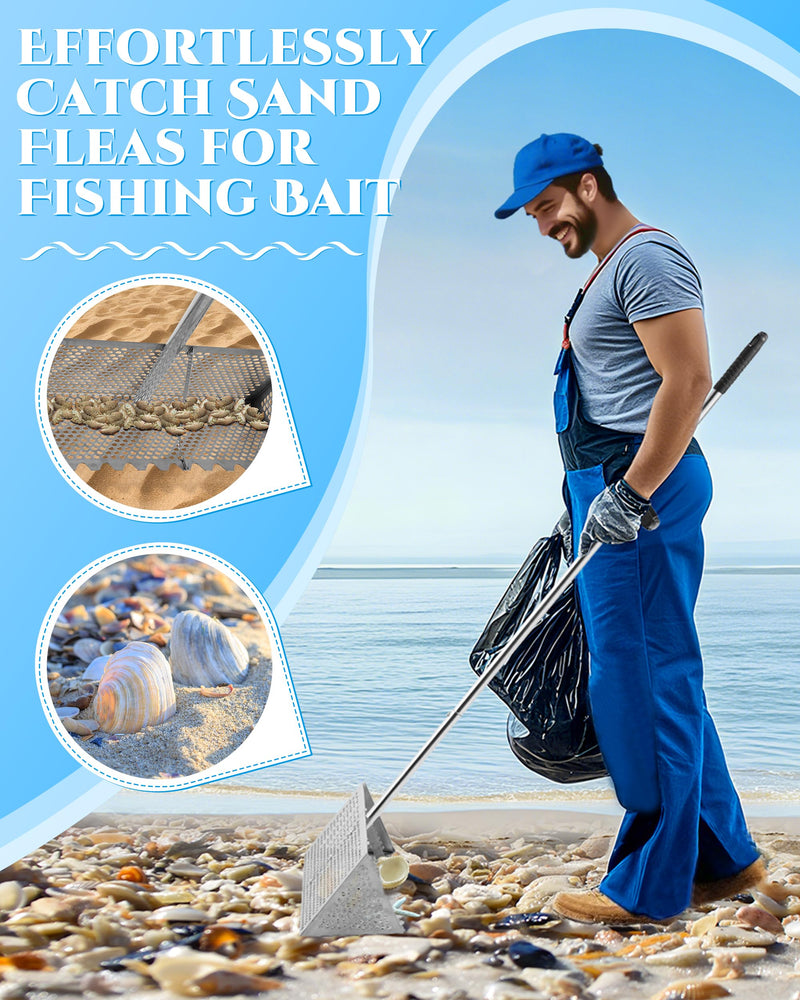 Sand Flea Rake 16" Wide - Detachable 54" Handle with Shark Tooth Screen - Steel Beach Rake for Fishing Bait, Shelling, Yard Cleaning - Saltwater Rust Proof & Portable CHW4881B