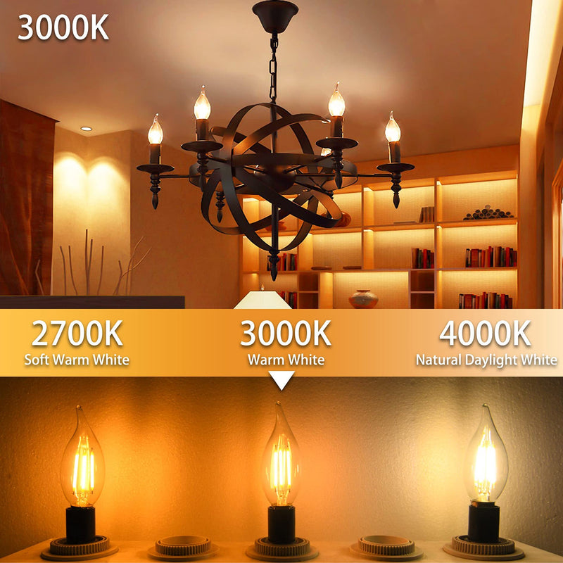 E12 Candelabra LED Bulb 60W Equivalent, Dimmable 3000K Warm White, Flame Tip, 4W, 500LM, 120V, CRI 85, for Chandelier, 10 Pack 10 Count (Pack of 1)