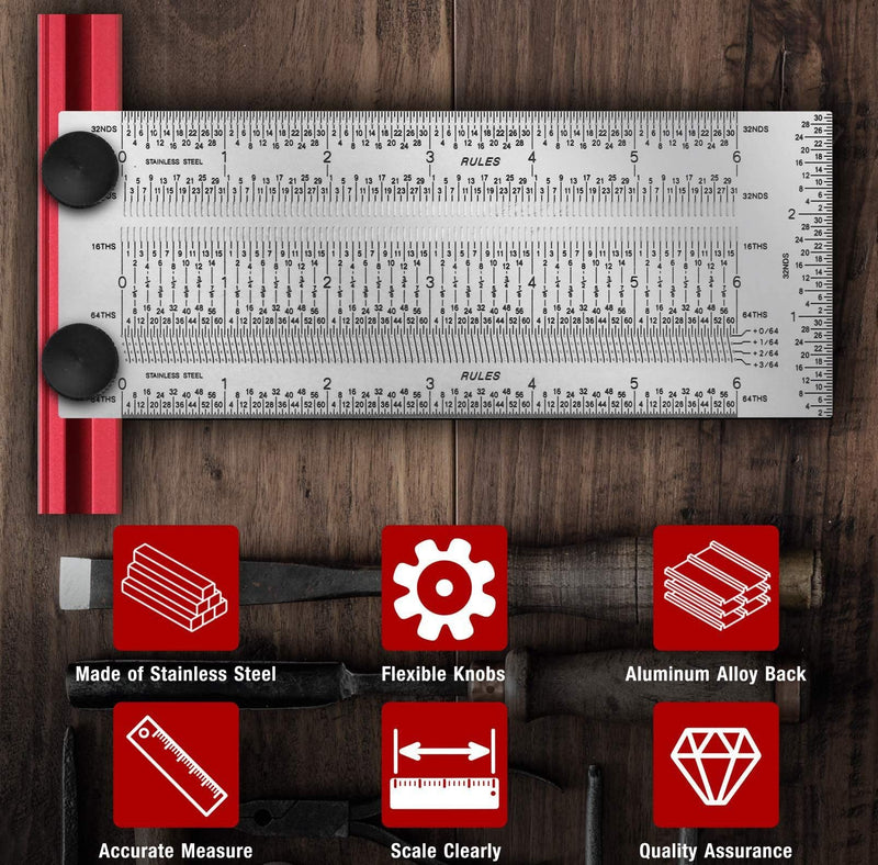 12 Inch T-Rule, Precision Marking T Rule, Woodworking T Square Ruler, Stainless Steel Hole Positioning Scribing Tool, Carpenter Measuring T-Square, with Pencil & 0.5mm Pencil Refill