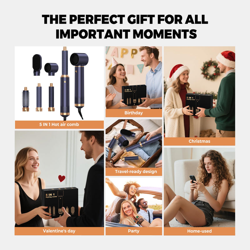5 in 1 Hair Styler Airbrush Hairstyer Air Brush 5 in 1 Air styer | Airstyler Multi-Blow Dryer Brush Set with Curl, Straighten, Wavy, Smooth, Magic Styler for All Hair Types and Lengths Blue Gold