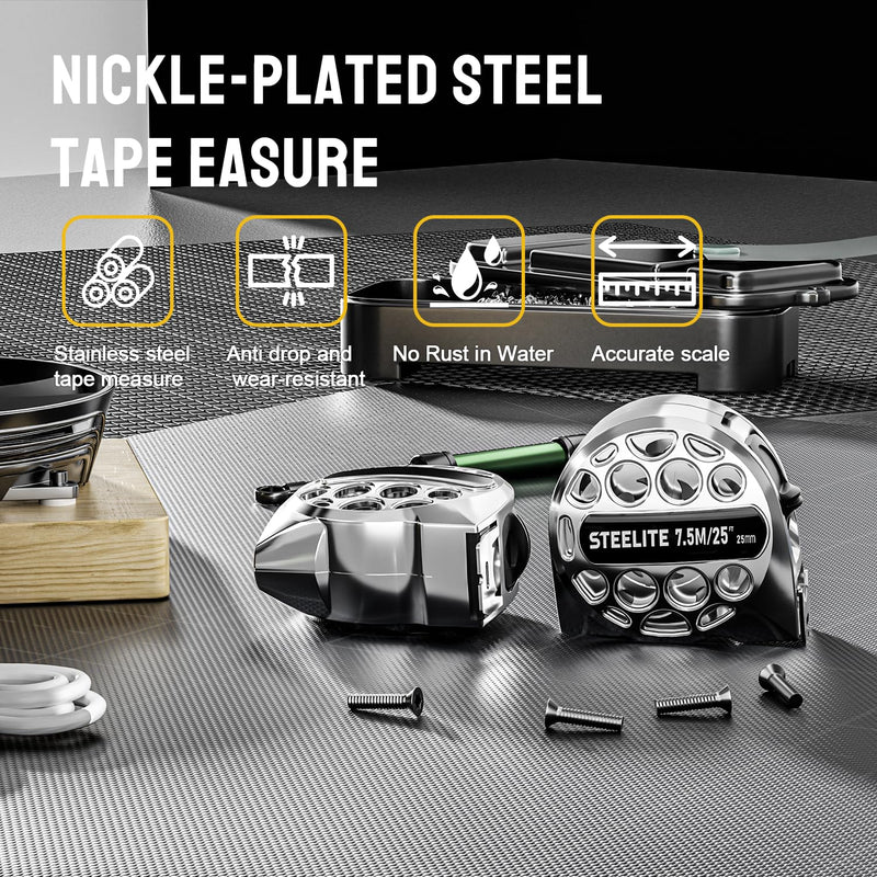 STEELITE Tape Measure 25'FT Stainless Steel Waterproof & Rustproof Retractable Measuring Tape with Hollow Design Bright Silver