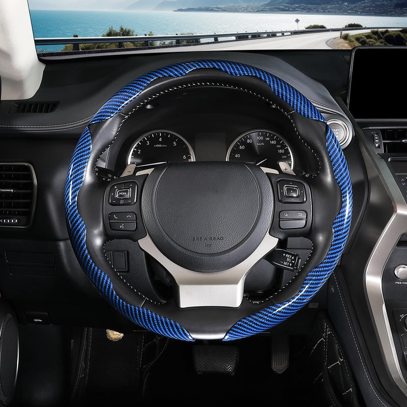  [AUSTRALIA] - Carbon Fiber Steering Wheel Covers 3 Piece Clip on Steering Wheel Cover (Blue) Blue Standard Size[14"1/2-15"]