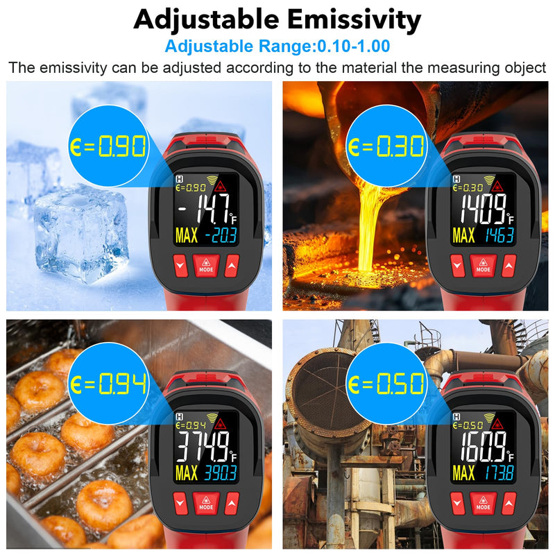 Infrared Thermometer Gun, Digital Laser Temperature Gun with Probe, -40°F~1472°F Non-Contact IR Thermometer with Adjustable Emissivity for Cooking, Pizza Oven, Griddle, Grill & Meat Red IR06 PRO -40℉~1472℉(-40℃~800℃)