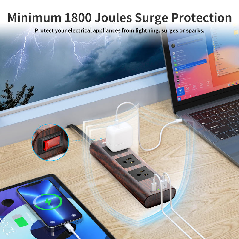 Power Strip Surge Protector (1800J) – 10FT Extension Cord with Ultra Thin Flat Plug, 3 Widely-Spaced Outlets, 1 USB-C & 1 USB-A Port, Wood Finish Power Strip with USB for Home, Office or Dorm Walnut Wood Grain