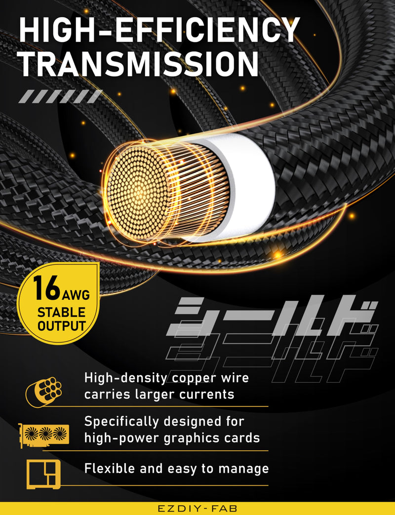EZDIY-FAB Shield PCIE 5.1 GPU Extension Cable with 90 Degree 12V-2x6 Angle Adapter,16pin (12+4) 12VHPWR PSU Cable Extension for RTX 40/50 Series with Combs-Reverse Type-Black Reverse