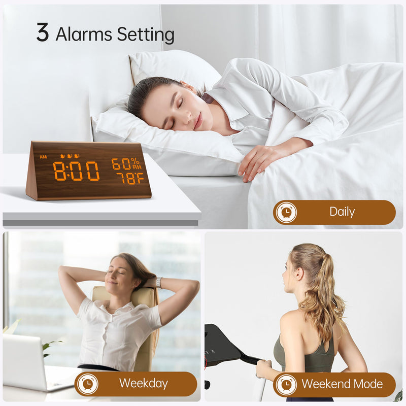 JALL Digital Alarm Clock, with Wooden Electronic LED Time Display, 3 Alarm Settings, Humidity & Temperature Detect, Wood Made Electric Clocks for Bedroom, Bedside (Brown) Brown