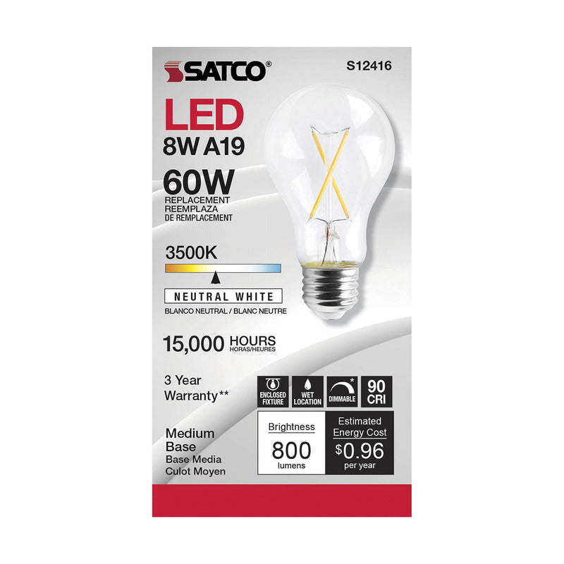 Satco Dimmable LED Filament Bulbs, S12416, 810 Lumens, 8 Watt, A19; E26 Medium Base; 3500K Neutral White; 90 CRI; 120V, Wet Location Rated, Residential, Hospitality, Commercial (6 Light Bulbs)