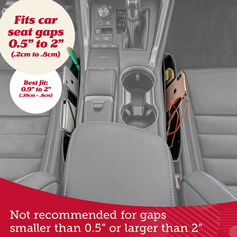 Lusso Gear Car Seat Gap Organizer - 2-Pack, Gray Faux Leather - Fits 0.5"-2" Slots & Secures Phone, Keys & Glasses - Between-Seat Storage
