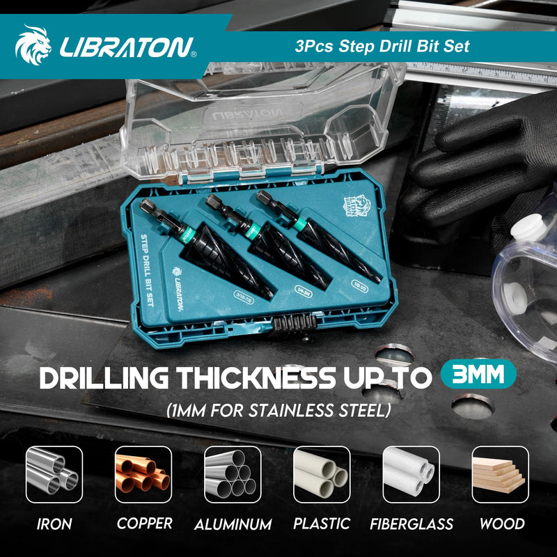 LIBRATON Four Spiral Flute Step Drill Bit, M35 Cobalt Unibit Step Drill Bit Set 1/8"-7/8", AlTiN Coated Step Bits, Four Spiral Flute, 1/4" Hex Shank for Metal, Stainless Steel, Aluminum, Plastic, 3PCS 1/8" - 7/8" (3pcs Set)