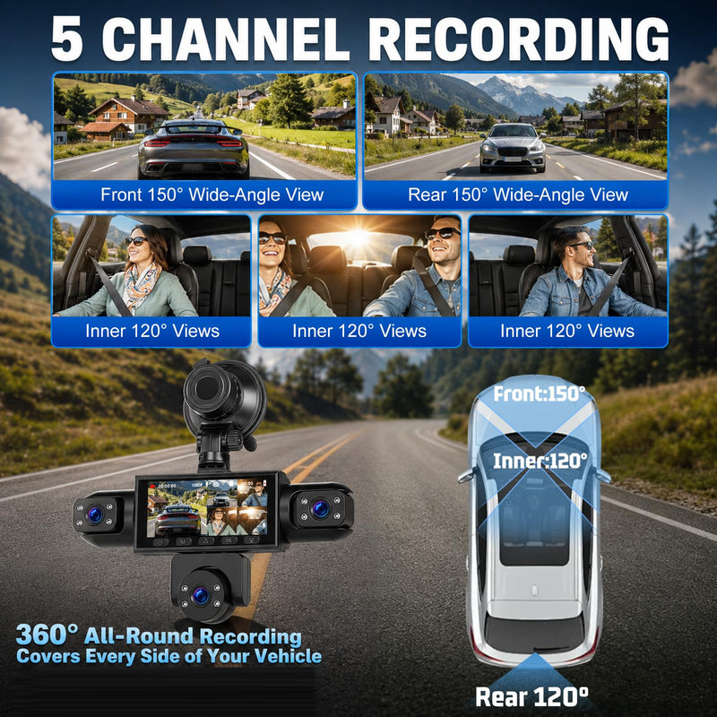 360 5 Channel Dash Cam Front Rear and Inside,3.16inch 1080P Car Camera