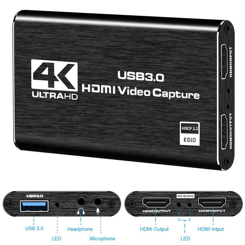 Capture Card Nintendo Switch, 4K HDMI Video Capture Card, 1080P 60FPS, HDMI to USB 3.0 Capture Card for Streaming Work with Camera/Xbox/PS4/PS5/PC/OBS Black