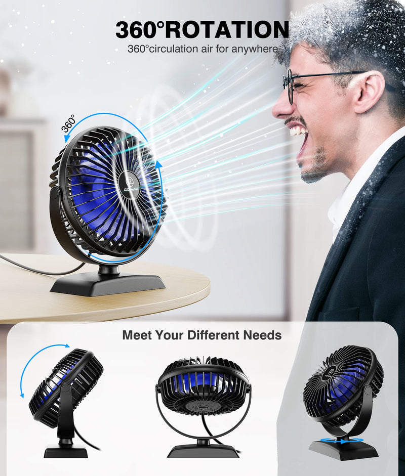 JZCreater USB Desk Fan, 2Pack USB Fan, 360 Rotation Desktop Fan with 3 Speed, Table Personal Cooling Fan, Quiet Mini Desk Fan, USB Powered, Small Fan for Home Office Bedroom Car Travel, Black Blue 2 Black Black x2