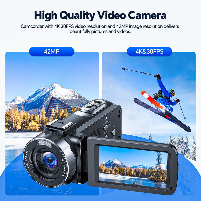 4K Video Camera Camcorder 42MP Vlogging Camera for YouTube with 3” 270° Rotation Screen, 18X Digital Zoom Cam Corder, 2 Rechargeable Batteries, 32GB SD Card & Remote Control Black