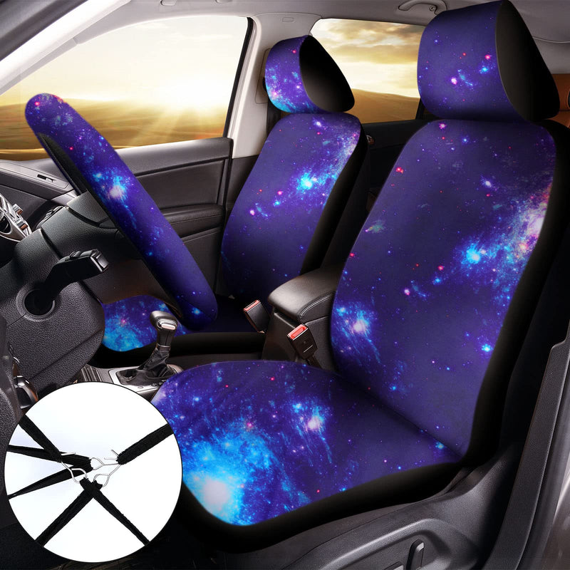 10 Pcs Galaxy Car Seat Covers Set Car Steering Wheel Cover Front Seat Covers Cup Holder Keyring Armrest Pad Seat Belt Pads Wrist Strap Print Car Decor Accessories for Vehicle Car (Starry Sky Style)