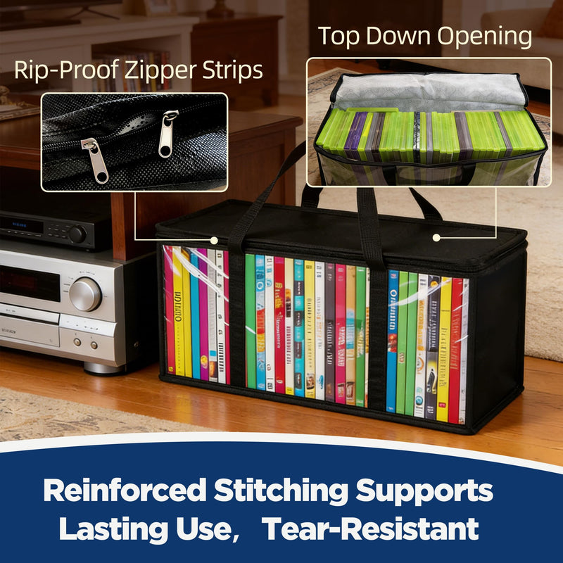 DVD Storage Bags, Clear PVC Media Organizer with Handles, Front Zipper Window, Stackable Holder for Blu Ray Discs, Movie Cases and VHS Boxes, 2 Pack, Holds 70 DVD Cases Total, 35 per Bag (SB-A-01) SB-A-01 Black