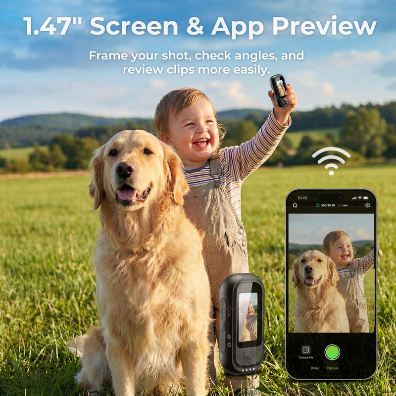 POV Body Camera with 1.47" Display, 2K HD Thumb Action Camera, 64GB Magnetic Wearable Body Cam with Charging Case, 6-8H Total Runtime, App GPS Data Overlay & Stabilization with 64G Card