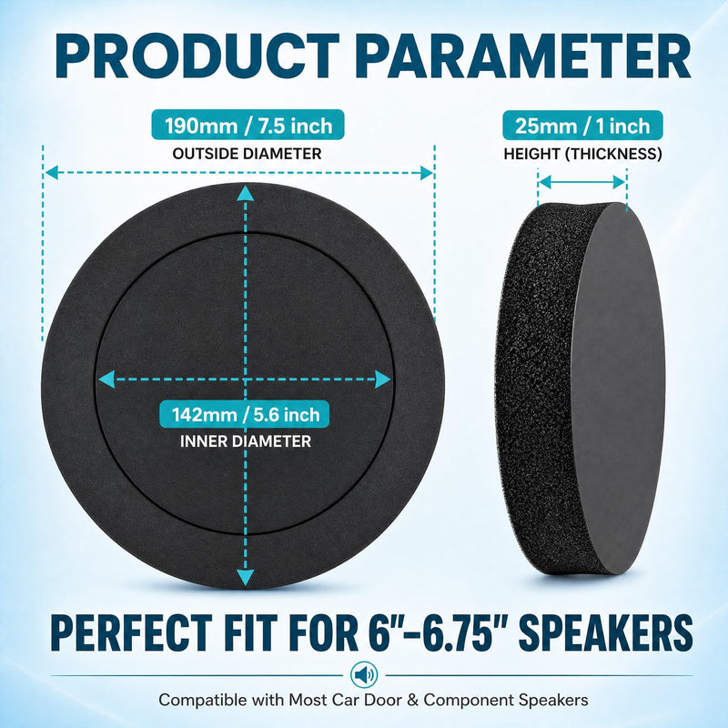 6.5 Inch Speaker Foam Rings – High Rebound Acoustic Foam Bass Blocker Kit, Self-Adhesive Car Door Speaker Baffles Enhancer for 6”, 6.5”, 6.75” Vehicle Speakers - 4 Pack