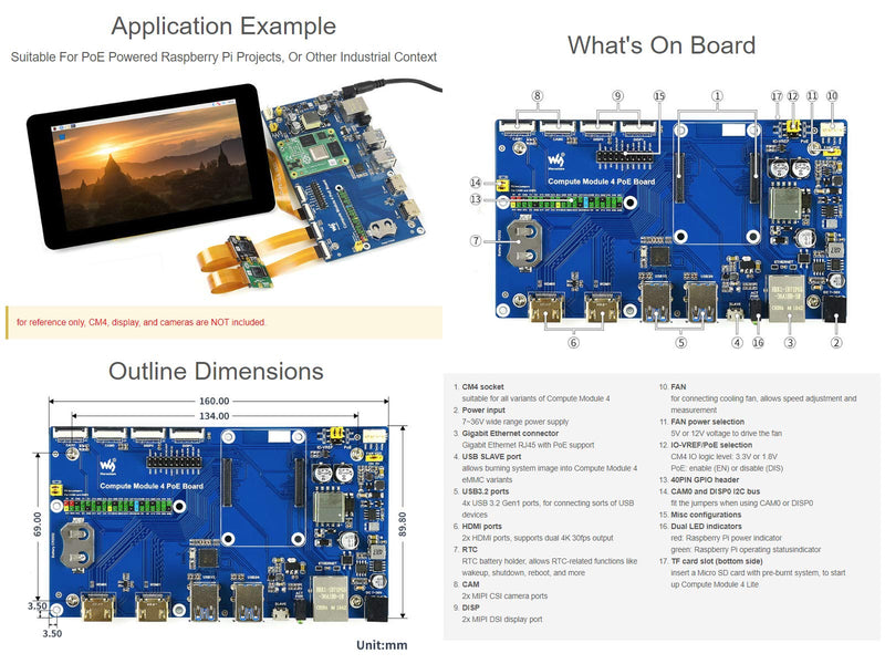Waveshare Compute Module 4 IO Board with PoE Feature, Compatible with Raspberry Pi, Suitable for All Variants of CM4