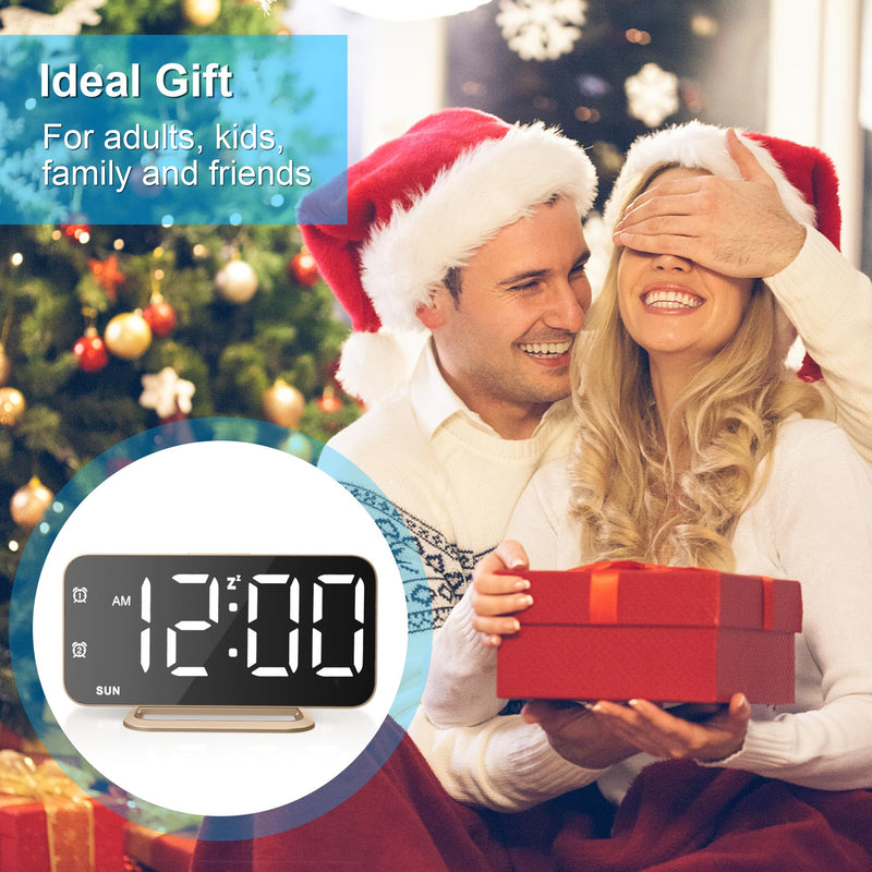 Slim LED Digital Alarm Clock, Mirror Surface for Makeup, with Diming, Large Display, Easy Setting, USB Charger Ports, Modern Bedroom, Desk, Office Living Room Decor, Christmas Birthday for Women Girl Gold