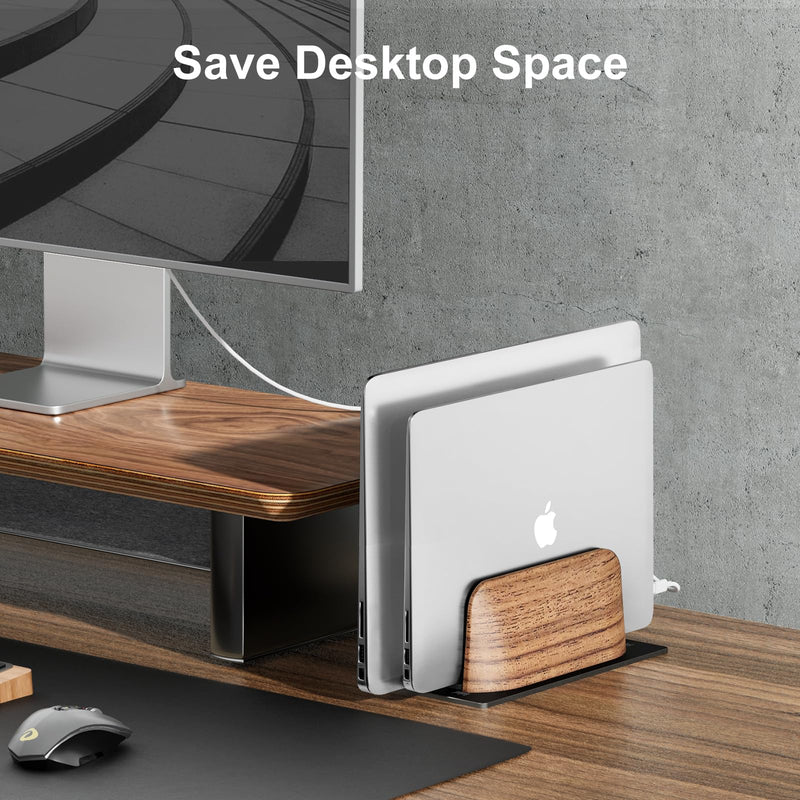 UPERGO Vertical Laptop Stand, Dual Slot Wooden Laptop Holder Vertical for Desk, Width Adjustable Dock for MacBook Pro and Other Laptops Black Walnut
