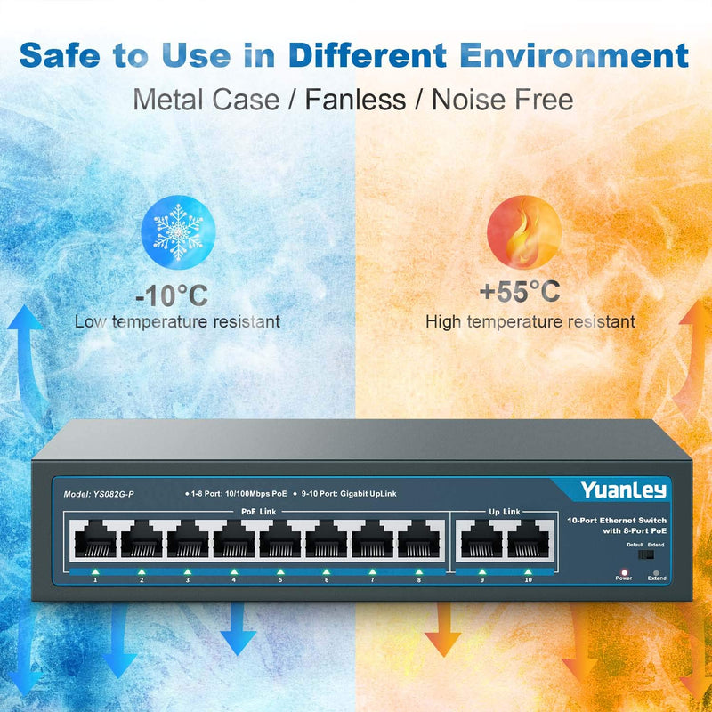 YuanLey 8 Port PoE Switch with 2 Gigabit Uplink, 8 PoE+ Port 100Mbps, 120W 802.3af/at, Extend Function, Metal, Fanless, Unmanaged Plug and Play Network Switch 10 Port | 8*PoE+ (120w)