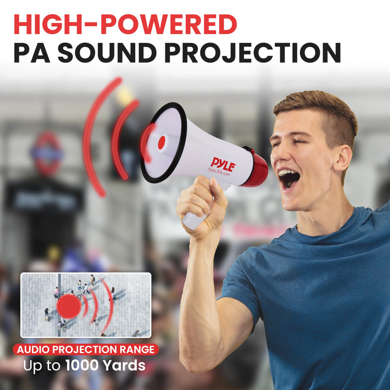  [AUSTRALIA] - Pyle 20W Megaphone Bullhorn - 5.4'' x 8.6'' Portable Megaphone, Projection Range 1000 Sq. Yards, Voice Talking & Siren Alert, Shoulder Strap, Battery Operated, (White) White