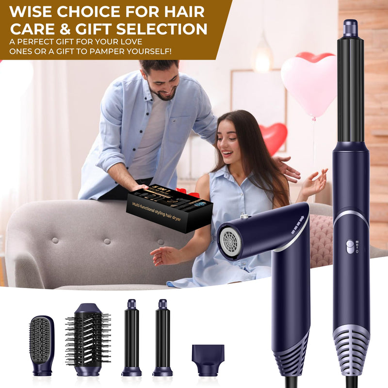 UKLISS 5 in 1 Hair Air Styler Dryer with Air Curlers Auto Curling Wands Multi-use Hair Blow Dryer for Women Set, with Hair Styling Tools Hair Styler Hair Curlers Hair Straightening Brush, Blue/Sliver